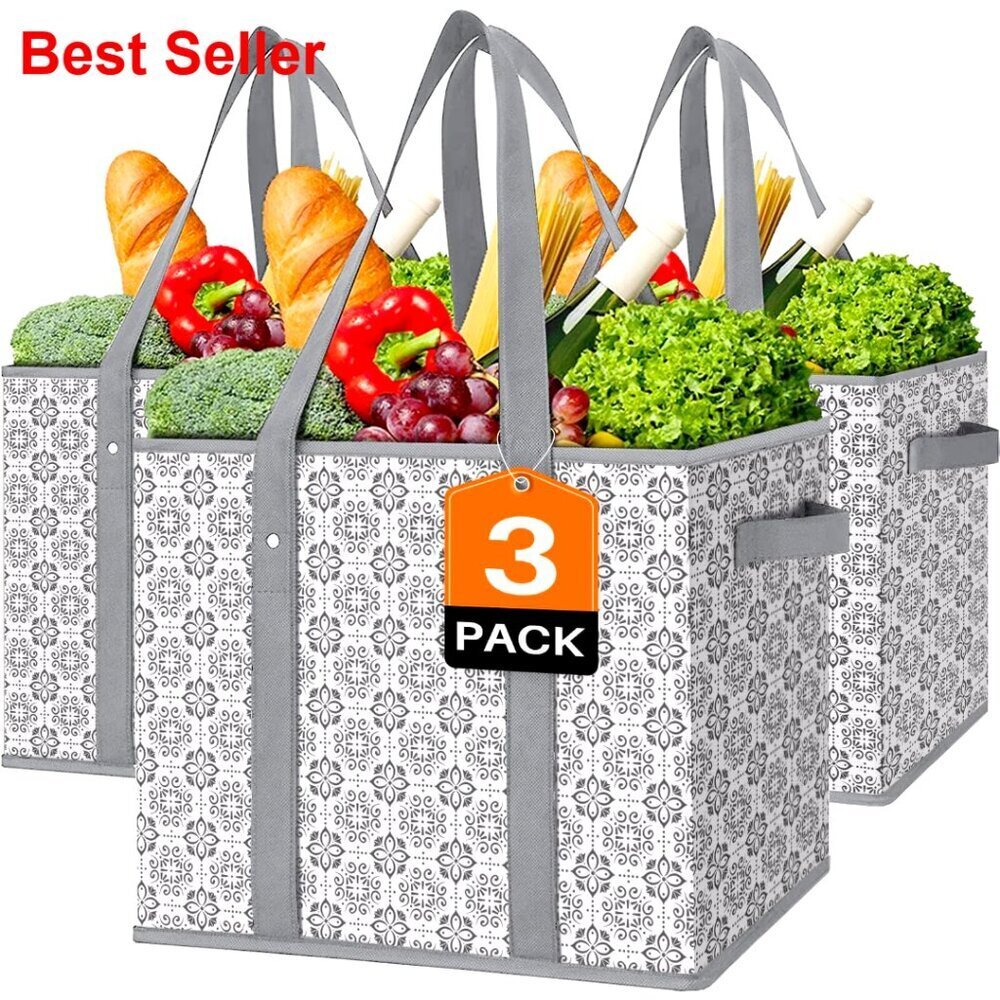 Large Water Resistant Reusable Grocery Tote Bags 3 Pack Foldable